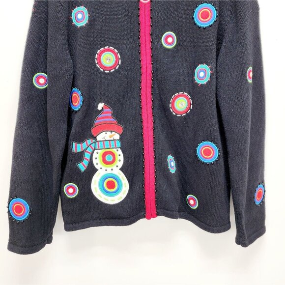 Timberlea Christmas Snowman Cardigan XL Black Sweater Ramie Colorful Embroidery - Picture 4 of 12